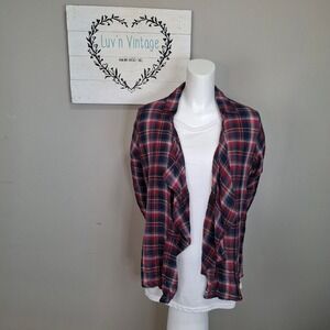 Living Doll Plaid Bandana Back Open Front Top Lightweight Roll Tab Sleeve Size M